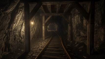 Underground mining tunnel with wooden supports and rail tracks illuminated by lanterns.