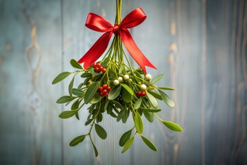 Festive mistletoe with red ribbon against blue background for holiday celebration