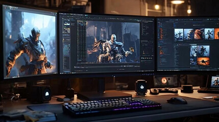 Designer creates game character. monitor with a screen saver. Game development concept. 