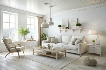 * Clean and minimalist living room interior achieved with washed-out white furnishings and decor, creating a serene and