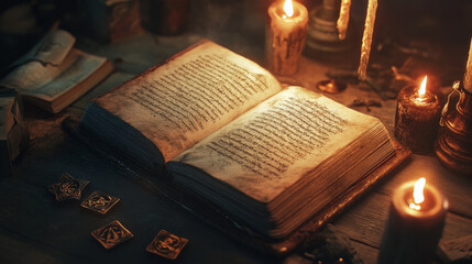 Halloween witch’s spellbook glowing with ancient runes and old candles
