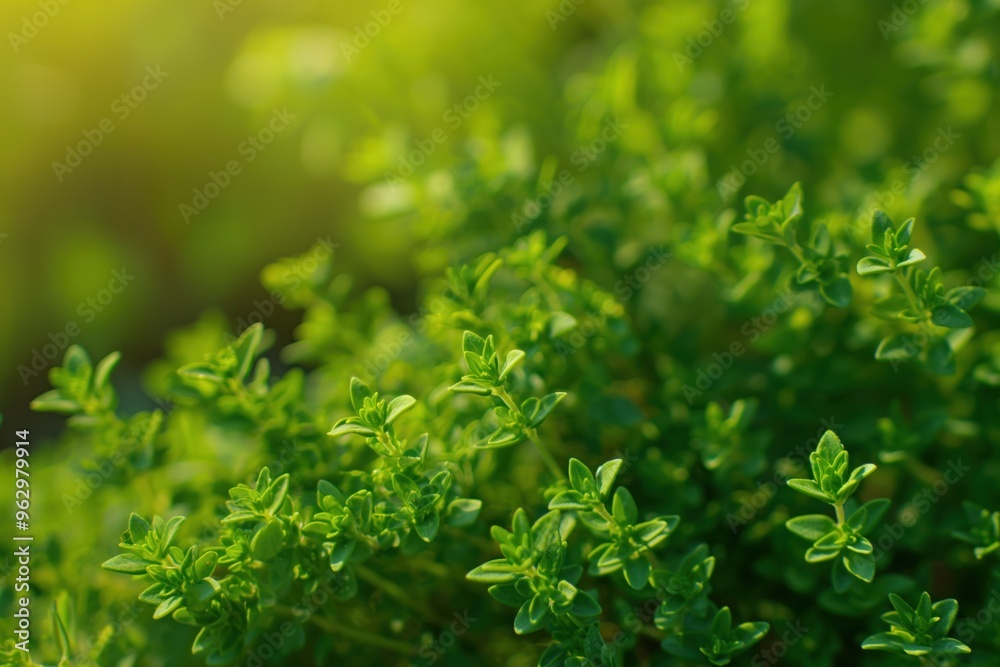 Poster fresh green thyme plant close-up in garden or forest setting. dense leaves create texture and depth.