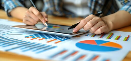 Closeup of a person's hands using a stylus to write on a tablet, surrounded by charts and graphs.