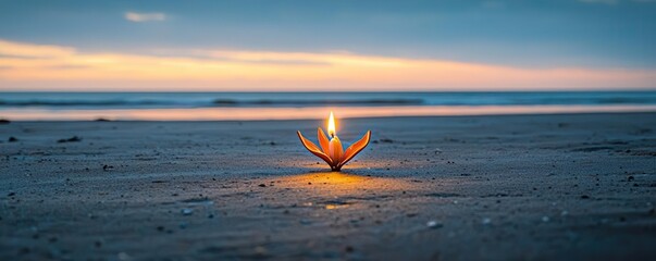 A solitary candle flickering in the wind on a desolate beach, fragility, the endurance of hope amidst despair