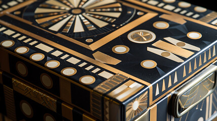 Close-up of a decorative box with a black, gold, and white geometric design. The intricate patterns create a luxurious and elegant feel.