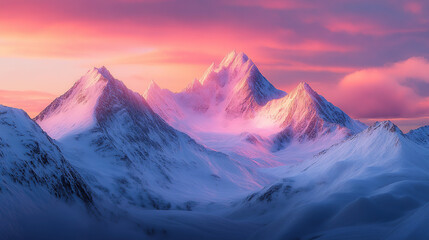 Fototapeta premium Breathtaking snow-capped mountains at sunrise, with a pink and blue sky,