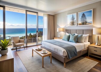 Crisp white linens, minimalist nightstands, and a statement pendant light converge to create a calming, beach-inspired