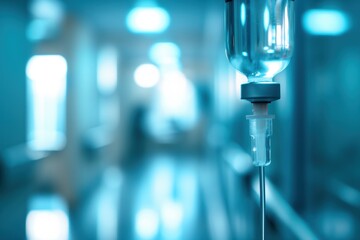 Hospital room scene with IV drip setup, blurred hallway background. Medical equipment and hospital setting. Healthcare, medicine, medical treatment, patient care, health facility.