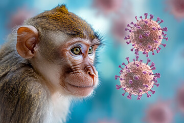A curious monkey looks at a virus, with other viruses in the background.
