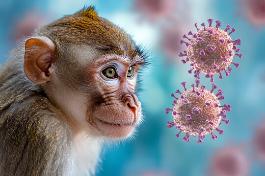 A curious monkey looks at a virus, with other viruses in the background.