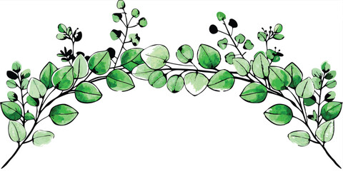 Watercolor Green Floral Banner with Silver Dollar Eucalyptus & Gypsophila - Vector illustration on white background