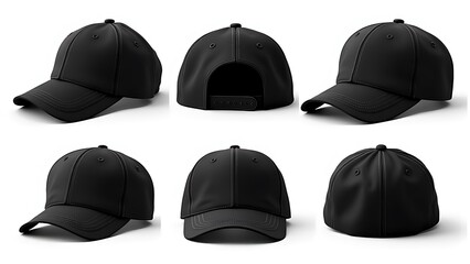 Blank black baseball hat mockup, different views