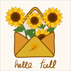 Hello Fall with letter sunflowers illustration 