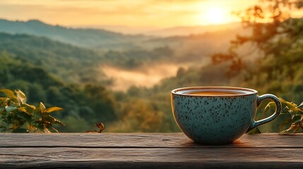 A cup of tea on a wooden table overlooking a misty valley at sunrise.