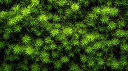 Zoomed-in view of a bed of vibrant green moss with tiny leaves and spores