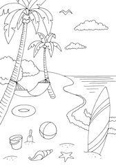 Surfboard and hammock sea coast graphic beach black white landscape sketch vertical illustration vector 