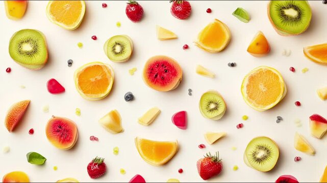 abstract fresh background pieces slices of different fruits top view 