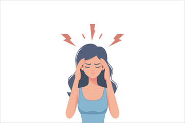 Tired woman have headache, migraine, dizziness and other chronic fatigue syndrome symptoms. vector illustration.