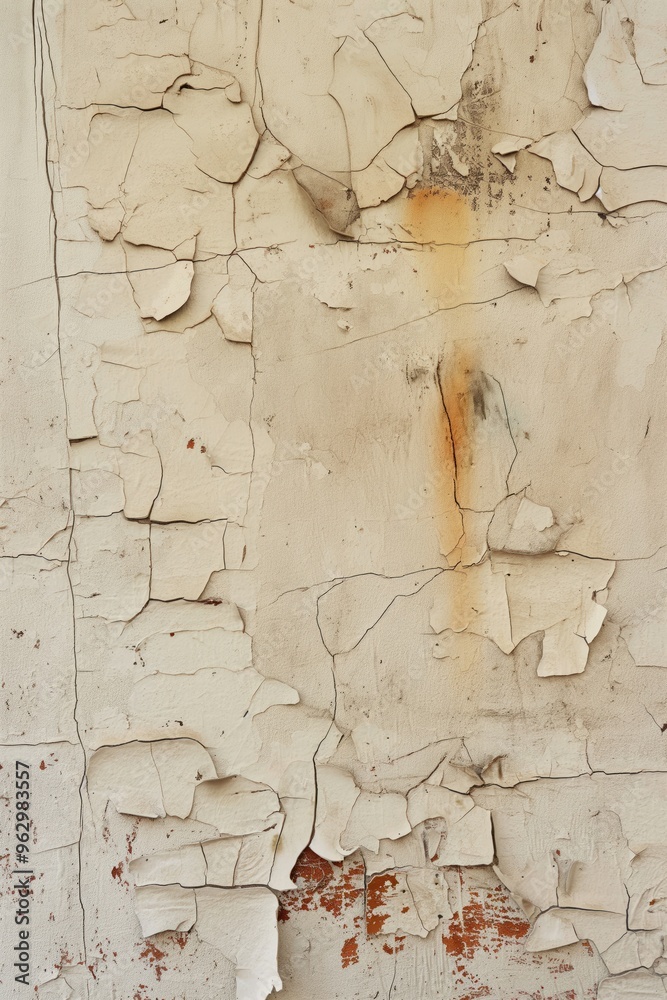 Poster Old wall with peeling paint shows rough texture. White surface has red and orange patches. Close-up view from above highlights worn-out finish. Perfect for retro or vintage design projects.