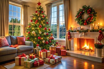 Obraz premium Cozy living room with christmas tree and fireplace decorations in holiday season