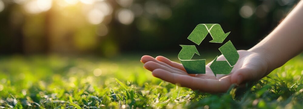 A champion displays a green paper recycling symbol while encouraging eco-friendly practices outdoors