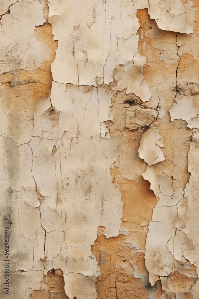 Poster weathered wall background shows peeling paint revealing concrete surface. old beige and white colors