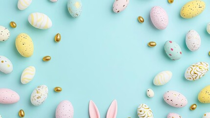 Easter Eggs and Bunny Ears on Pastel Blue Background - Spring Holiday Celebration Flat Lay with Copyspace for Greeting Card Design