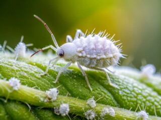 Naklejka premium Fuzzy white coating envelops the woolly aphid, a master of disguise, its tiny body camouflaged on the plant