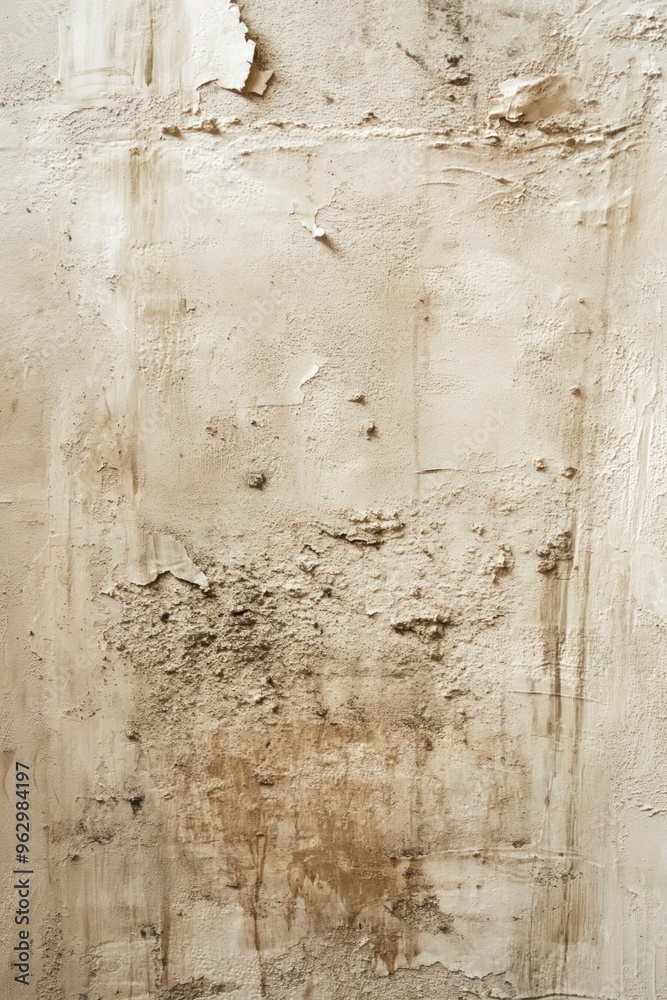 Poster weathered concrete wall with peeling paint showing rough textured surface. old beige background with