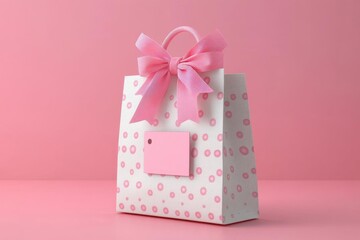 Charming pink gift bag adorned with a bow, perfect for special occasions or celebrations, set against a soft pink background.