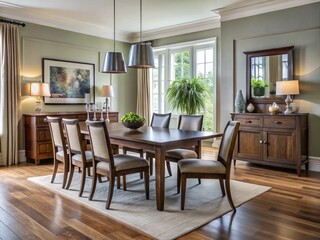 Gumtree floors provide a rustic backdrop for a stylish dark wood dining ensemble, complete with a sideboard and