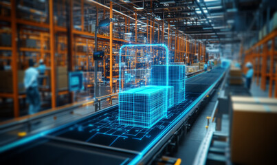Fototapeta premium Futuristic Distribution Hub,glowing digital hologram depicting boxes on a conveyor belt in a warehouse, 