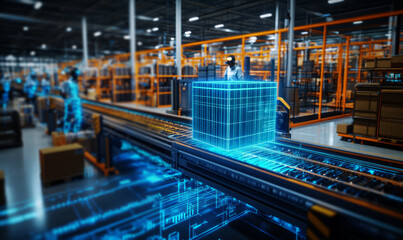 Fototapeta premium Futuristic Distribution Hub,glowing digital hologram depicting boxes on a conveyor belt in a warehouse, 
