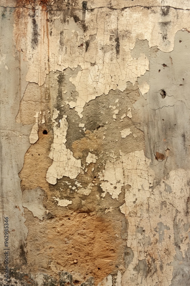 Poster weathered concrete wall with peeling paint showing age and wear. close-up view from above reveals cr