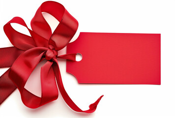 A red blank gift tag tied with red satin ribbon on white background. (Clipping Path included)


