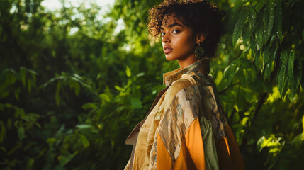 Naklejka premium Portrait of a Young Woman with Curly Hair in a Forest Setting