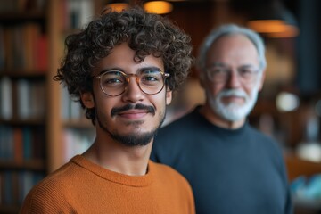 Portrait of a young man and an older man in a cozy bookfilled room, highlighting intergenerational connection and warmth, perfect for illustrating family bonds or mentorship in a educational context