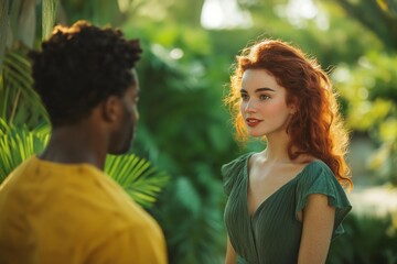 Fototapeta premium Romantic conversation amidst lush greenery, showcasing nature's serene influence on personal interactions, perfect for relationship blogs, lifestyle articles, and naturethemed photo collections.