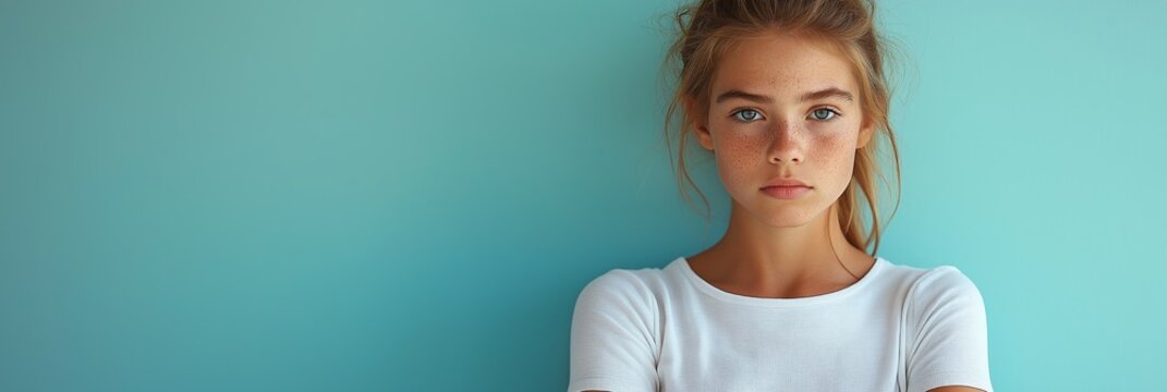 Serious Young Woman with Freckles in White Tshirt Posing Against Blue Background