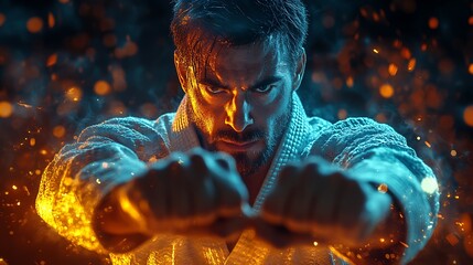 A determined martial arts fighter in a white gi stands in a fighting stance, fists clenched, eyes focused, with sparks and fire surrounding him.