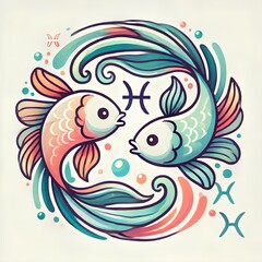 A cartoon Pisces with two fish swimming in opposite directions, featuring flowing fins and gentle expressions.