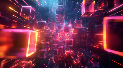 Fototapeta premium neon glowing digital cyber cube background,3d render of RGB neon light on darkness background ,Abstract Laser lines show at night ,Ultraviolet spectrum beam scene 