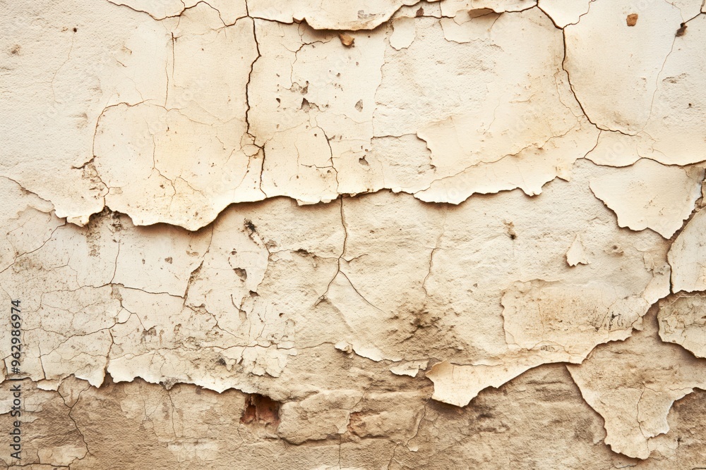 Poster weathered paint wall with peeling brown black patches on concrete surface. close-up view of old beig
