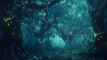 Enchanted Midnight Forest with Glowing Magical Creatures and Mysterious Atmosphere