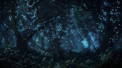 Enchanted Midnight Forest with Glowing Magical Creatures Hidden Among Ancient Trees