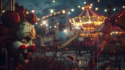 Obraz premium Nightmarish Twisted Carnival with Sinister Rides and Grotesque Clowns in Flickering Lights