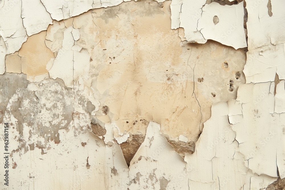 Poster old beige weathered paint wall with peeling texture, showing concrete beneath. rough surface with ch