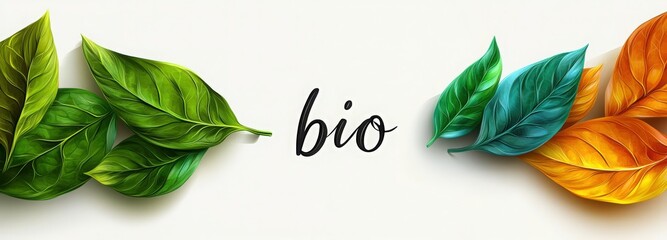 The design showcases the word bio adorned with colorful, realistic leaves, emphasizing organic themes