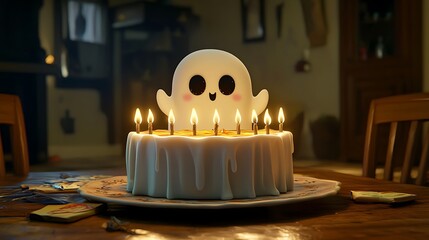 A cheerful ghost birthday cake glows with candles, celebrating Halloween with a sweet twist.