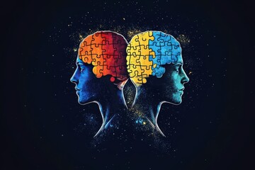 Mind power Mind capacity Vibrant artistic profiles of two individuals with colorful puzzle brains symbolizing cognitive diversity creative exchange and intellectual unity
